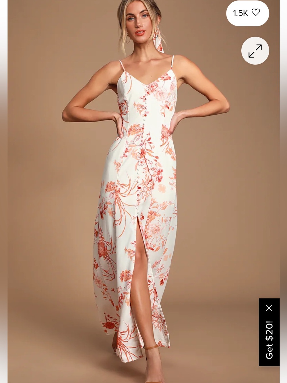 Lulus Crista Rust Orange White Floral V Neck Botanical Button Front Maxi Dress
